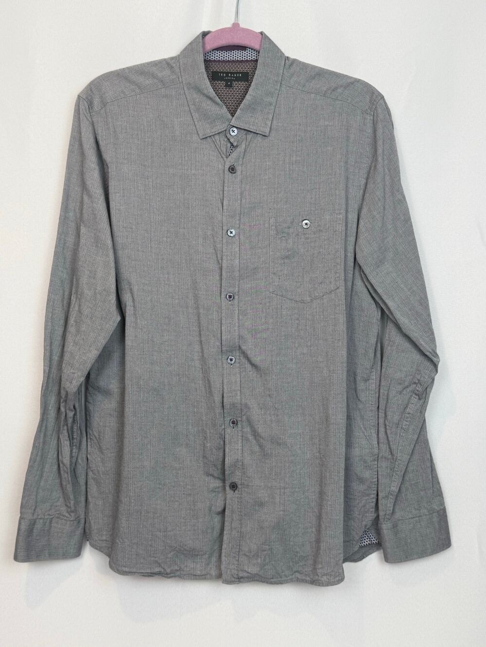 Ted Baker London Gray Herringbone Shirt Sz 4 L Contrast Placket
